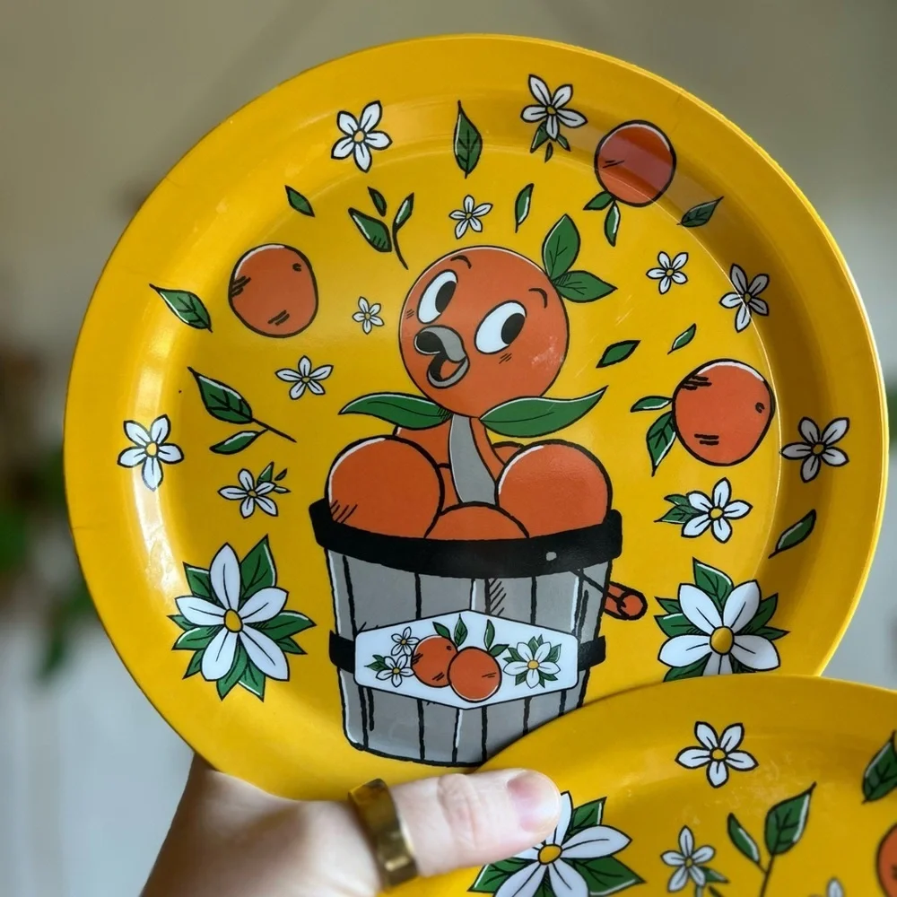 Disney Vintage Orange Bird Plates Set of 2 Yellow Floral Citrus 8”